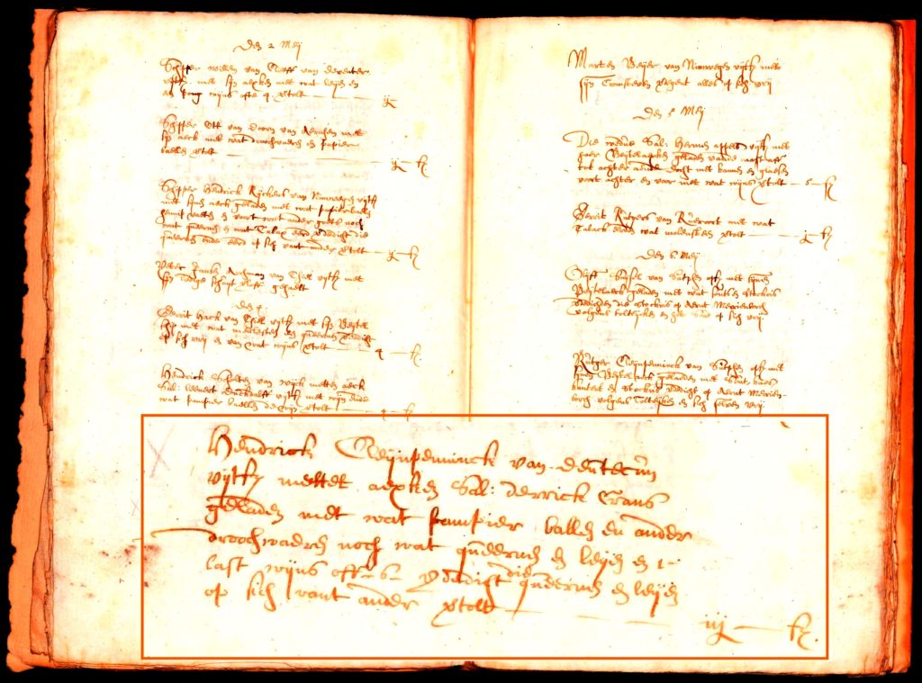 The toll registration for 2 to 7 May 1630 in the Schenkenschans toll register. Inset gives the registration of a ship on May 4th going downstream with paper, ‘dry goods’, mill stones, slates and wine.