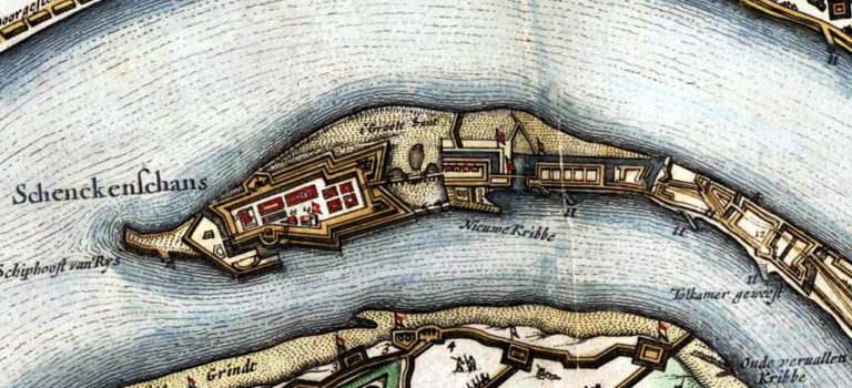 The Schenkenschans situated between the Waal and the Rhine on a map with the situation around 1635 made by J.J. Schot, 1649, Atlas van Loon.